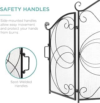 Best Choice Products 3-Panel 55x33in Solid Wrought Iron See-Through Metal Fireplace Screen, Spark Guard Safety Protector w/Decorative Scroll - Black