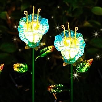 Garden Solar Stake Lights Outdoor, 2 Pack Solar Powered Metal Stake Lights with Blue Bell Glass Lily LED Decorative Garden Lights for Walkway,Pathway,Lawn, Courtyard