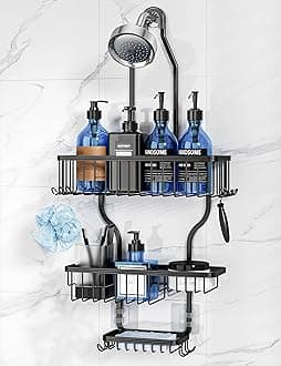 Shower Caddy Over Shower Head Never Rust Aluminum Large Hanging Shower Caddy with 10 Hooks for Razor/Sponge - Over The Shower Head Caddy with Soap Basket - Hanging Shower Organizer Black