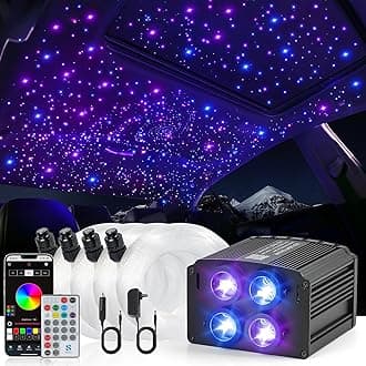 - 4 Colors 32W Twinkle Starlight Headliner Kit for Car Home with APP&RF Remote,RGBW 860pcs*0.03in*13.1ft Cables Fiber Optic Star Sky Roof Lights,4 Port Engine Sound Activated Ceiling Star Lights for Car