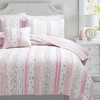 Pink Flower Lace Ruffle Stripe Shabby Chic Girl 100% Cotton Reversible Quilt Bedding Set, Coverlet, Bedspread (Pink Lace, King - 3 Piece: 1 Quilt + 2 Shams)