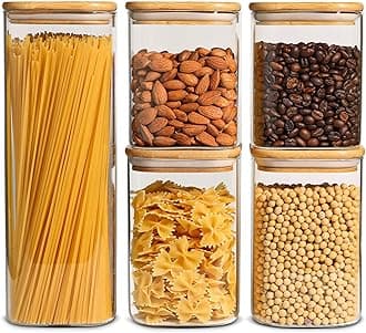 ComSaf Food Storage Containers with Airtight Bamboo Lids Set of 5, Clear Glass Canister Food Jar with Sealing Lid Kitchen Pantry Storage Container for Spaghetti Pasta Sugar Flour Cereal Beans, Square