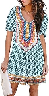 Aloodor Women's Casual Dresses Short Sleeve V-Neck Dress with Pockets