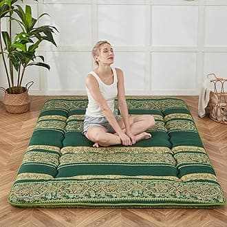Zelladorra Japanese Floor Mattress, Futon Mattress with Portable Storage Bag and Washable Cover, Roll Up Thick Tatami Mat Suitable for Camping, Guest Room (Bohemian Green, Queen)