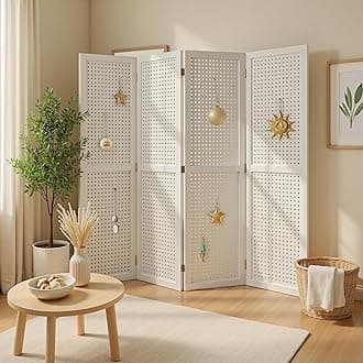 Room Divider 4 Panel 5.6FT Partition Room Dividers Freestanding Wooden Privacy Screen with Peg Board Display for Apartment and Office, White