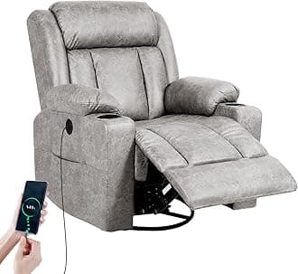 Retro Rocking Recliner Chair, Massage Rocker Recliner Chair with Vibration Massage and Heat, USB and Type-C Ports,360° Swivel Chairs, Living Room, Bedroom, Nursery, RV, Light Grey