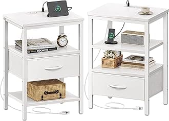 SUPERJARE Nightstand Set of 2, Bed Side Tables with Charging Station, Adjustable Fabric Drawer, Night Stand for Bedroom, 3-Tier Storage End Tables, White, 8694WC
