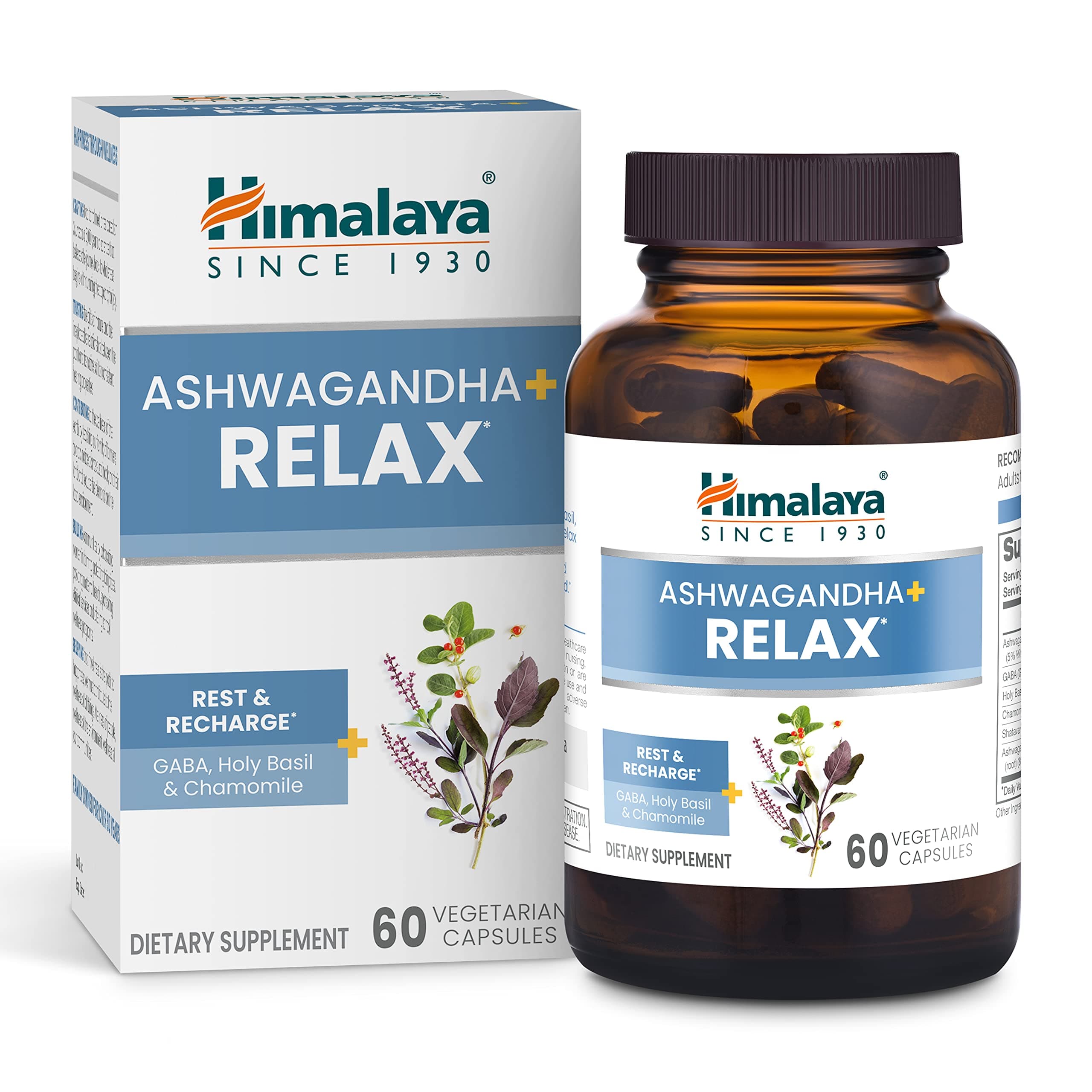 Himalaya Ashwagandha+ Relax, with GABA, Holy Basil & Chamomile for Reset, Relaxation & Stress Relief, Vegan, Gluten Free, 540 mg, 60 Vegetarian Capsules, 1 Month Supply