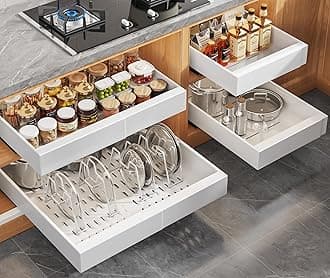 Seinloes4Pack Expandable Pull Out Cabinet Organizer 21"Deep with Raising Pad for Framed Cabinets,Slide Out Drawers with 4pcs Divider Racks,Roll Out Shelves Adhesive,Adjustable Width 12.05"-20.4"White