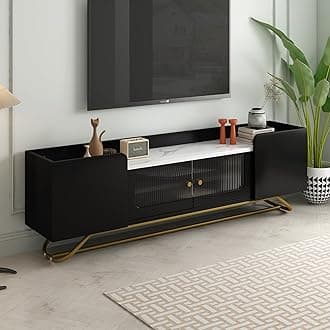 Merax Sleek Design TV Stand with Fluted Glass and Gold Frame Base, Contemporary Entertainment Center for Television Up to 65", Faux Marble Top Console Table for Living Room, Black