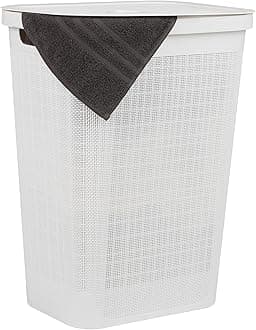 60L Slim Laundry Hamper, Clothes Basket, Lid, Linen Design, Plastic, White