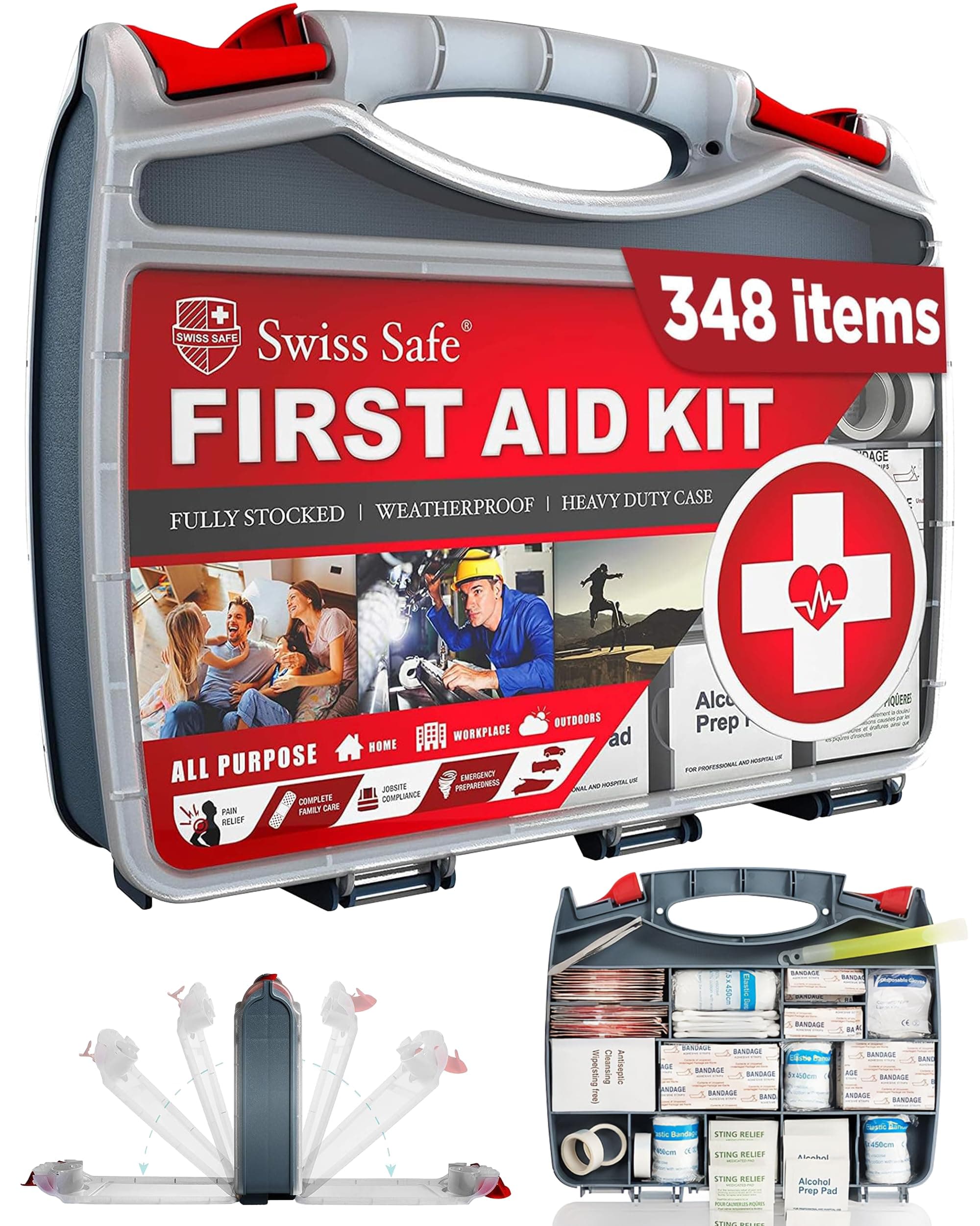 Swiss Safe 2-in-1 First Aid Kit for Car, Travel & Home, Businesses - Bonus Mini Kit for Medical Emergency Aid, Survival, Camping - FSA & HSA Eligible - 348 Pcs, Large Hardcase FAK