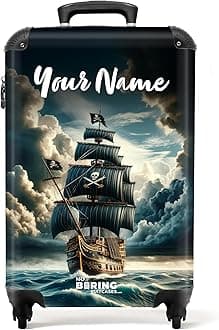 Children's Luggage Kids Suitcase for Boys - Personalised Lightweight Cabin Suitcase on Wheels - Pirate Ship Dark Clouds - 55x40x20cm - Hard Shell Trolley - 20" - 10kg