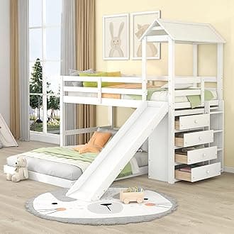 Solid Wood Twin over Full House Bunk Bed with Slide and 4 Storage Drawers for Kids, House Play Design Bunk Bed Frame with Safety Guardrail and Storage Ladder, Strong Wood Slats Support (White-S)