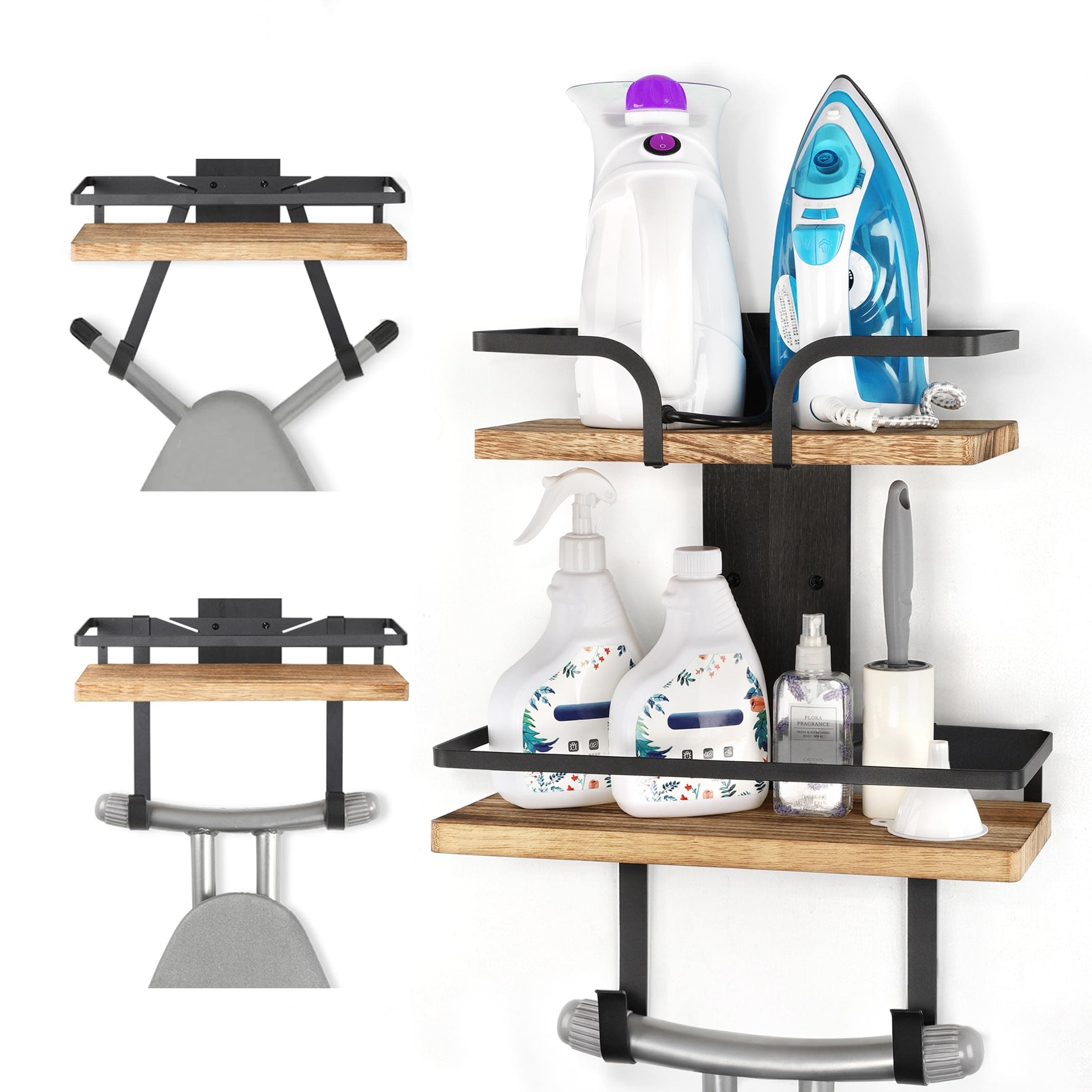 Ironing Board Hanger Wall Mount, 2-Layer Iron and Ironing Board Holder, Laundry Room Shelves Solid Wood with Removable Hooks Home Organization and Storage