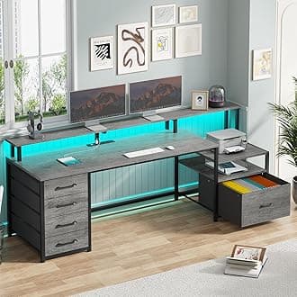 SEDETA Home Office Desk with File Drawer & Power Outlet, 66'' Computer Desk with 5 Drawer, Storage Shelves, Printer Cabinet and Monitor Shelf, Gaming Desk with Led Lights, Grey