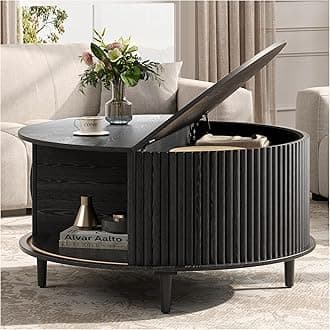 - Black Round Coffee Table with Storage, 31.5" Fluted Center Table with Sliding Door, Modern Circle Drum Accent Table for Living Room, Sleek Wood Furniture for Small Spaces & Apartments