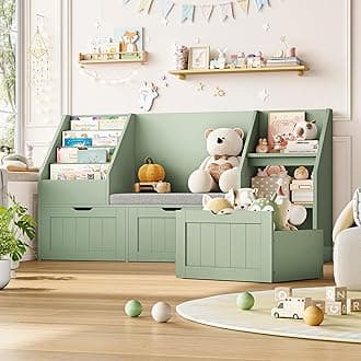 FOTOSOK 55.1’’ Kids Bookshelf with Reading Nook, Toy Storage Organizer with Seat Cushion and 3 Movable Drawers, Kids Reading Nook Toy Organizers and Storage with Bench for Playroom, Bedroom, Green