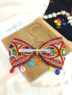Starvis Navratri Special Hair Accessories Bow Tie Hair Bow Clip – Traditional Embroidered Bow for Women & Girls, Festive Hair Accessory for Garba, Dandiya, and Indian Ethnic Wear Hair Clip with Shell