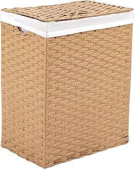 Premium Handwoven Portable Laundry Bin Basket with Carrying Handles, Household Storage for Clothes, Linens, Sheets, Tan, Rectangular Hamper