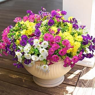 Artificial Flowers for Outdoors Fake Plants Outside Decoration, 12 Bundles Silk Colorful Morning Glory with Eucalyptus UV Resistant Realistic Faux Flowers for Planter Front Door Garden Yard