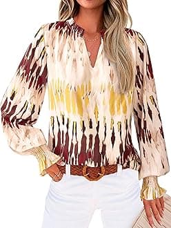 Womens V Neck Floral Long Sleeve Tops 2026 Summer Casual Loose Puff Sleeve Chiffon Boho Work Blouse Dressy T Shirts