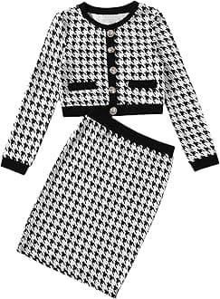 Milumia Girl's Two Piece Outfits Houndstooth Button Decor Crop Blazer Jacket and Skirt Sets
