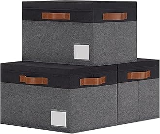 GhvyenntteS Extra Large Storage Bins with Lids, Foldable Fabric Storage Boxes with Lids and Handles, Storage Baskets with Lid and Label for Home Office (3 Pack, Grey&Black, 15.75" x 11.8" x 10.2")