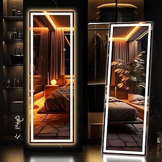 Hasipu Full Length Mirror with Lights, 56" x 15.8" LED Floor Mirror, Full Body Dressing Standing, Hanging Mounted Mirror for Living Room Bedroom Cloakroom, Square Black