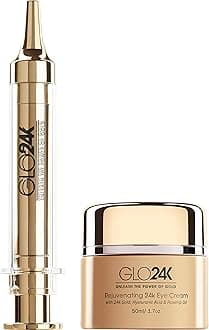 GLO24K Eye Care Set - Instant Facelift and Eye Cream with 24k Gold, Hyaluronic Acid, Vitamins A,C,E - Reduce Fine Lines, Puffiness, Dark Circles - For All Skin Types.