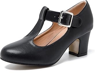EugisyWomen's T-Strap Mary Jane Pumps Low Block Chunky Heels Closed Round Toe Dress Wedding Office Work Shoes