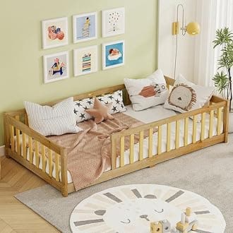 Bellemave Twin Size Floor Bed with slats for Kids, Girls, Boys, Wood Montessori Floor Bed with Guard Rails, Without Door, Natural