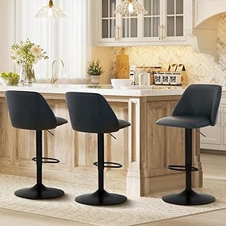 COLAMY Bar Stools Set of 3, Modern Swivel Bar Chairs, Adjustable PU Leather Upholstered Barstools Counter Height with Full Backrest for Bar, Dining Room, Kitchen Island, Black