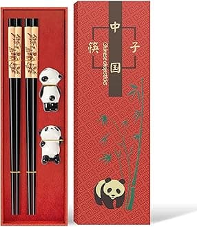 ELECDON Chopsticks and Panda Holder, 2 Pairs Reusable With Delicate Box, Washable and Dishwasher Safe, Natural Wooden Chinese Japanese Korean Classic Stylish Easy to Use Non-Slip