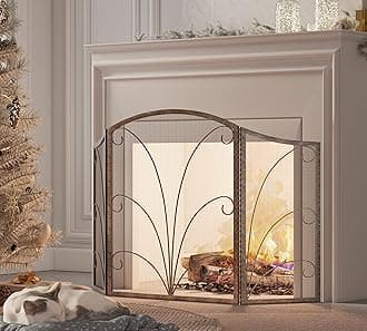 Kingson 3-Panel Arched Childproof Fireplace Screen Decorative, Handcrafted Scroll Wrought Iron Fireplace Spark Guard Cover- Brushed Copper