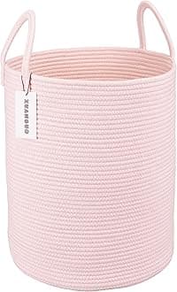 XUANGUO Cotton Rope Laundry Basket Hamper for Girls Kids Baby Nursery Hamper Bin Woven Storage Basket for Living Room Girls room Boho Tall Rope Baskets for Blanket Toys Large light pink