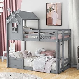 Merax Twin Over Twin Bunk Bed with Roof Window Windmill,with Full-Length Guardrails and Ladder for Boys Girls,Gray
