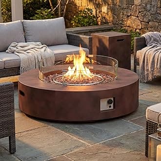 COSIEST 2-Piece Outdoor Propane Firepit Table Set w Tank Table, 42 inch Dark Fire Table Certified, 50,000 BTU w Bronze Round Base,Wind Guard and 16 inches Tank Side Table 20lb for Garden,Pool