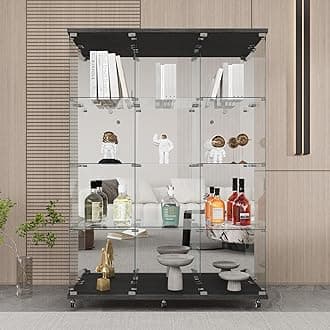 FANYUSHOW Glass Display Cabinet with 12 Shelves, Mirrored Back, 3 Columns and Lock, Extra Large DIY Curio Cabinets Quick-Install Style 5mm Tempered Glass Bookshelf for Living Room, Bedroom, Black