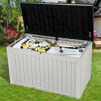 YITAHOME 230 Gallon Large Outdoor Storage XXL Deck Box, Waterproof Resin Patio Storage w/Lockable Black Lid for Patio Furniture, Outdoor Cushions, Garden Tools & Sports/Pools Equipment, Grayish-White