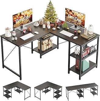 Bestier L Shaped Desk with Shelves 86.6 Inch Reversible Corner Computer Desk or 2 Person Long Table for Home Office Large Gaming Writing Storage Workstation P2 Board with 3 Cable Holes, Black