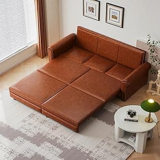 93.7" King Size Pull Out Sofa Bed, 3-in-1 Convertible Sleeper Sofa with Side Storage, Folding Floor Sofa Lounge Couch, Faux Leather Loveseat Bed for Living Room, Bedroom, Office, Brown
