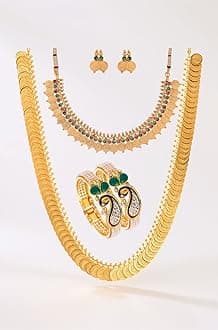 Zeneme Jewellery Set Gold Plated Pearl Studded Bangles Jewelry, Long Maharani Temple Coin Necklace, Short Red Green Necklace Set with Earring Jewellery for Women and Girl