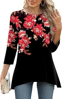 LOMON 3/4 Sleeve Tunic Tops for Women Loose Fit Dressy Casual Blouse Flowy Shirts to Wear with Leggings S-3XL