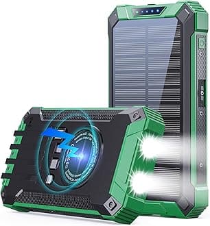 GOODaaa Power Bank Wireless Charger 36000mAh Built in 4 Cables Six Outputs 15W Fast Charging Power Bank for All Mobile Devices Three Inputs Solar Portable Charger with Dual Flashlights, Carabiner