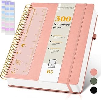 B5 Spiral Notebook Journal 7.6” x 10”, 300 Numbered Pages Hardcover Leather Journals for Women Men, Large Lined College Ruled Notebooks, 100GSM Thick Paper, Spiral Bound Journal for Work School, Pink