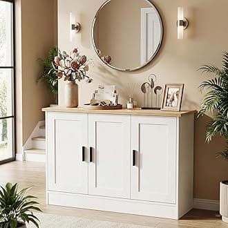 Anystyle 43.3”W White 3 Door Buffet Cabinet, Coffee Bar with Adjustable Shelf...