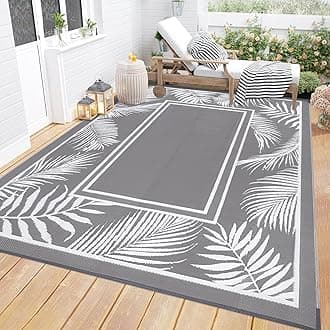 Bsmathom Waterproof Outdoor Rug 6'x9' Reversible Boho Plastic Straw Patio Deck Camping Rugs, Indoor Outdoor Portable RV Mat Clearance Carpet for Outside, Porch, Balcony, Backyard, Beach, Pool,Grey