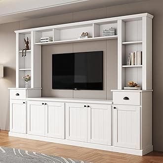 Merax Modern TV Stand Set w/Adjustable Bridge, Storage Media Console & Wall Units - Minimalist Entertainment Center for Living Room, White