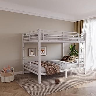 Metal Full XL Over Full XL Bunk Bed for Kids & Adults with Extra Thick Support Columns & Higher Guardrail, Squeak-Free, Heavy Duty, No Box Spring Needed, Easy Assembly, White